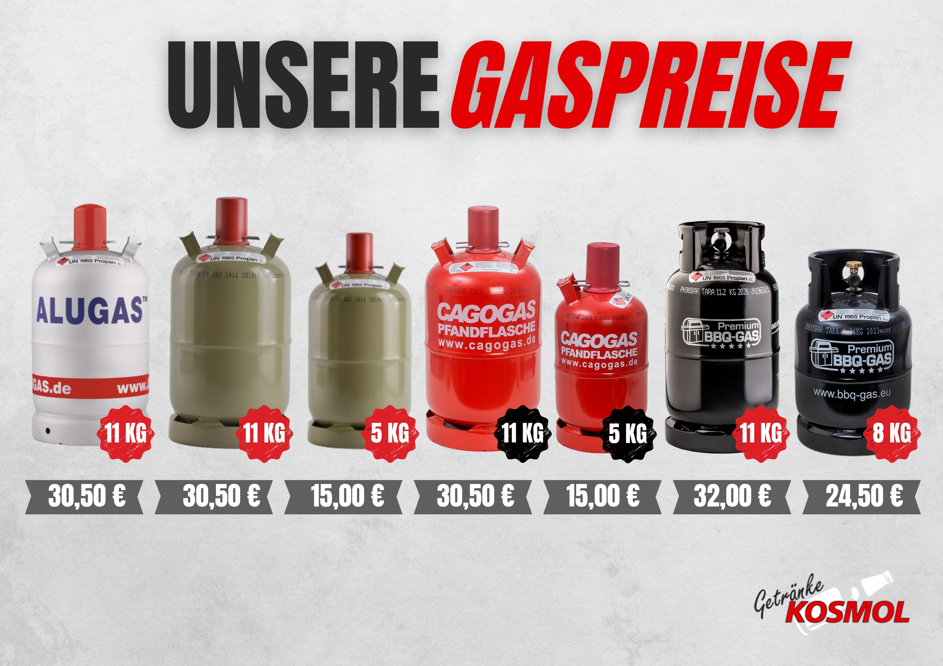 Unsere Gaspreise – Alugas, Powergas und BBQ-Gas von 5 kg bis 11 kg